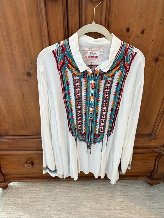 Johnny Was Tops - Johnny Was White Button-Front Top with Multicolor Embroidered